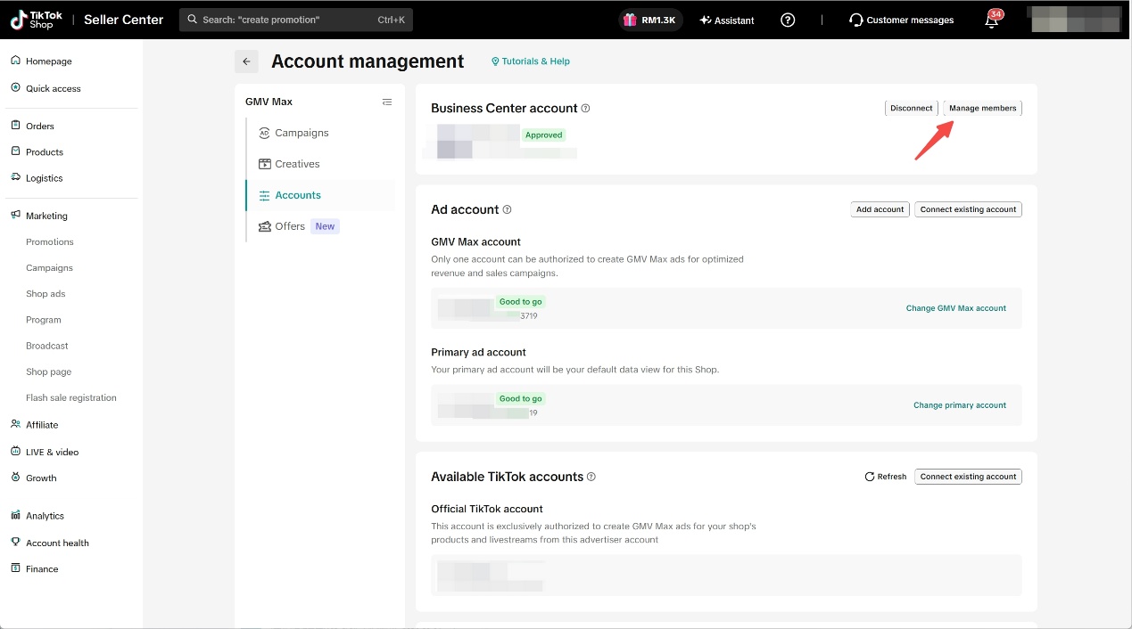 TikTok Shop Seller Center 的 Account management 页面，Manage members 按钮已用红色箭头标出
