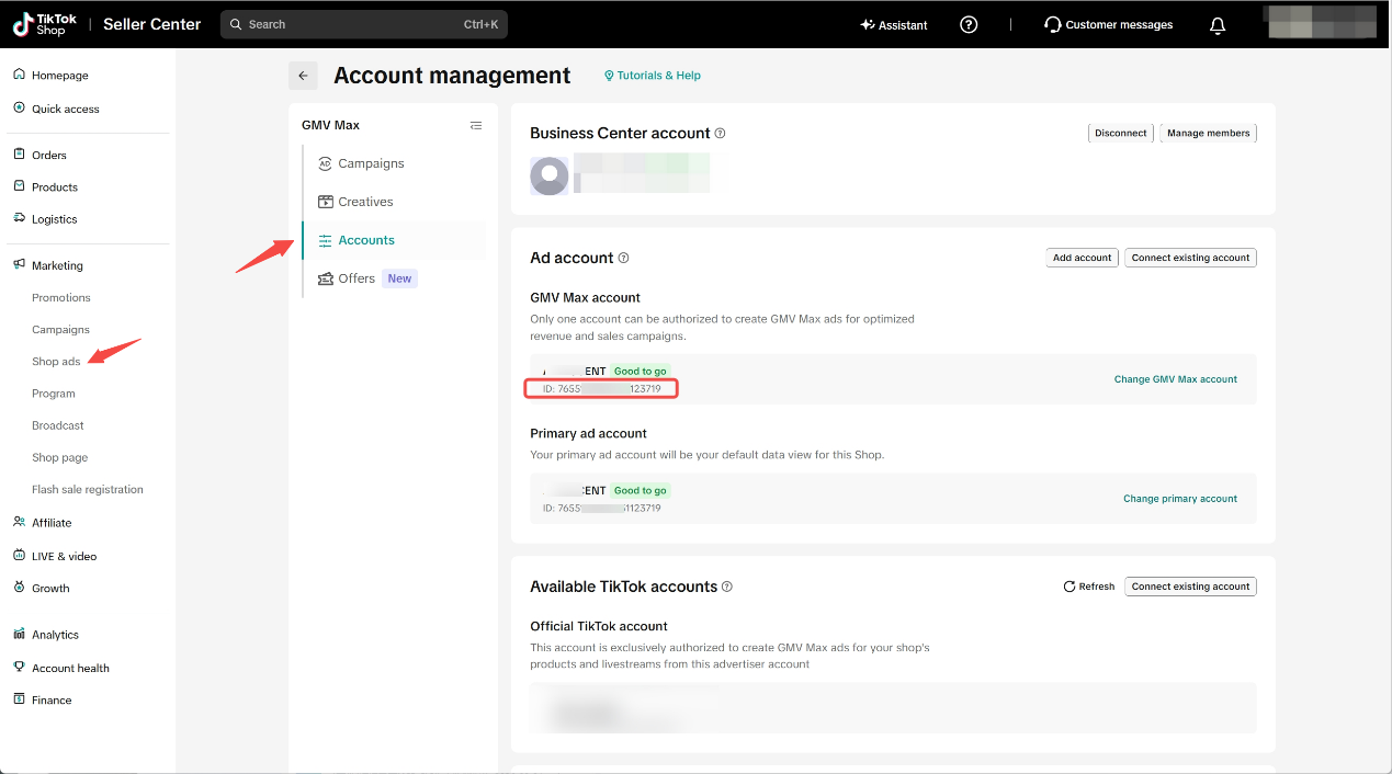 TikTok Shop Seller Center 的 Accounts 页面，GMV Max account 下的广告账户 ID 已用红框标出